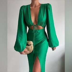 Showpo Emerald Green Demieh Linen Blend Dress (Size 16)